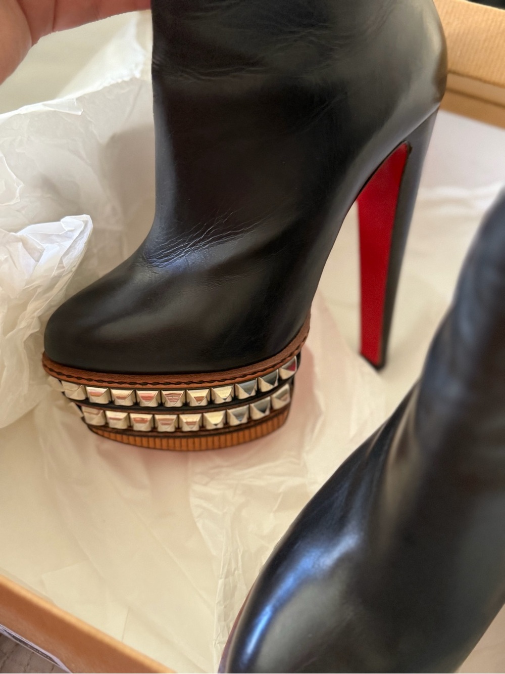 Christian Louboutin Taclou Booty Black Leather Studded Platform Zip Boots US 7.5 - Picture 8 of 9
